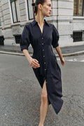 ROBE MI-LONGUE EN POPELINE À MANCHES BOUFFANTES