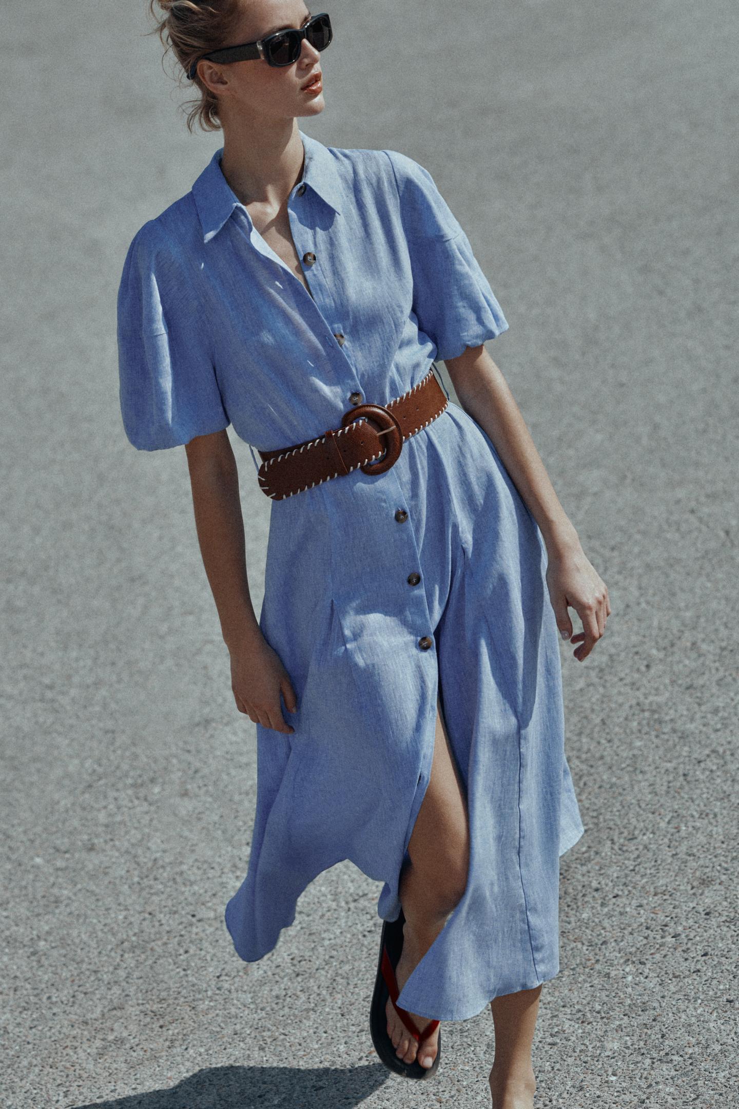 Robe mi-longue avec ceinture en lin