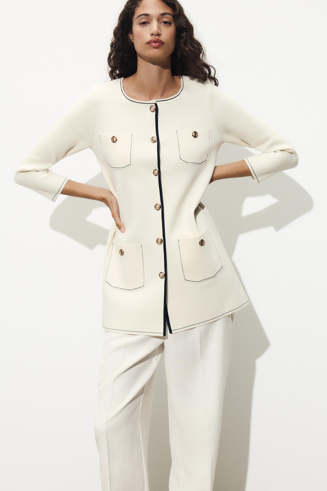 LANGE STRICKJACKE MIT KONTRASTDETAILS ELFENBEIN