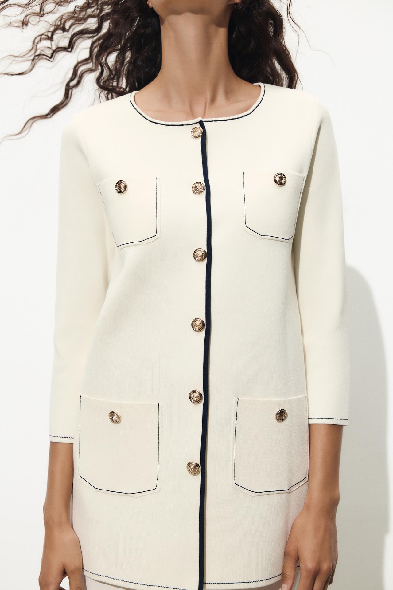LANGE STRICKJACKE MIT KONTRASTDETAILS ELFENBEIN