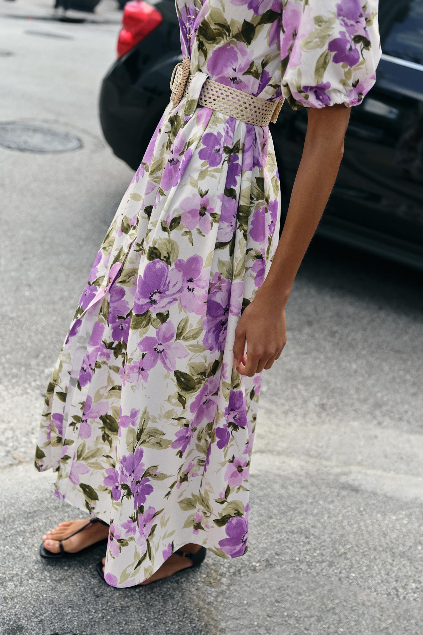 Robe mi-longue avec ceinture à imprimé fleuri