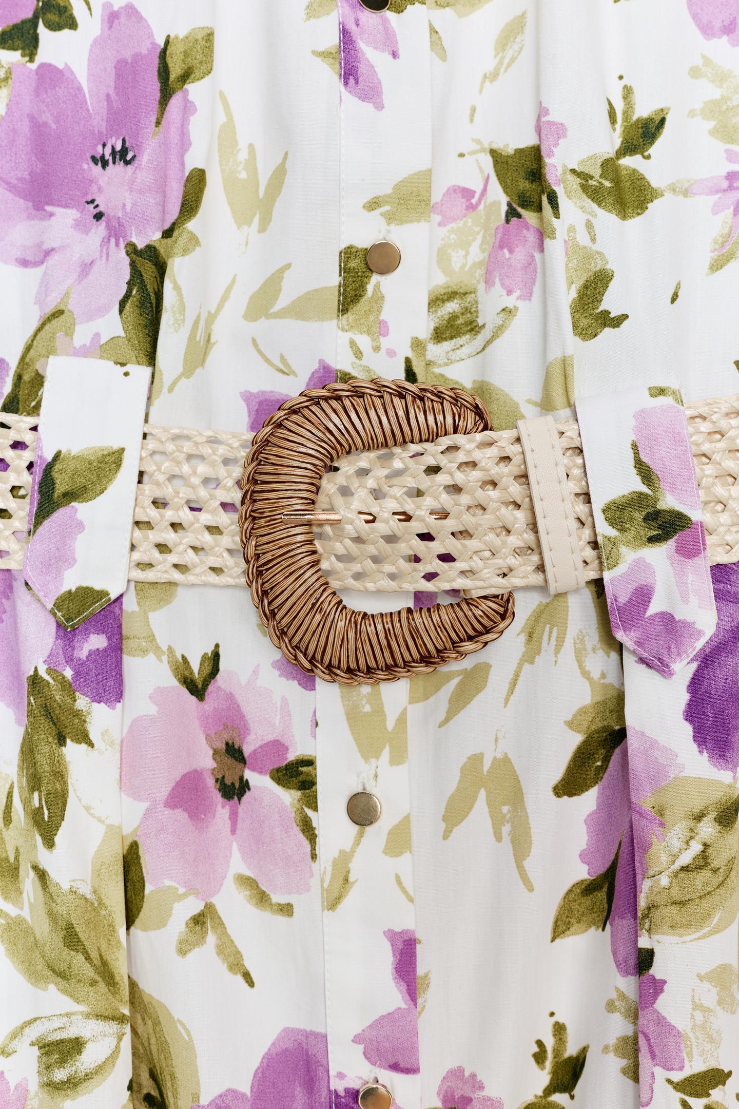 Robe mi-longue avec ceinture à imprimé fleuri