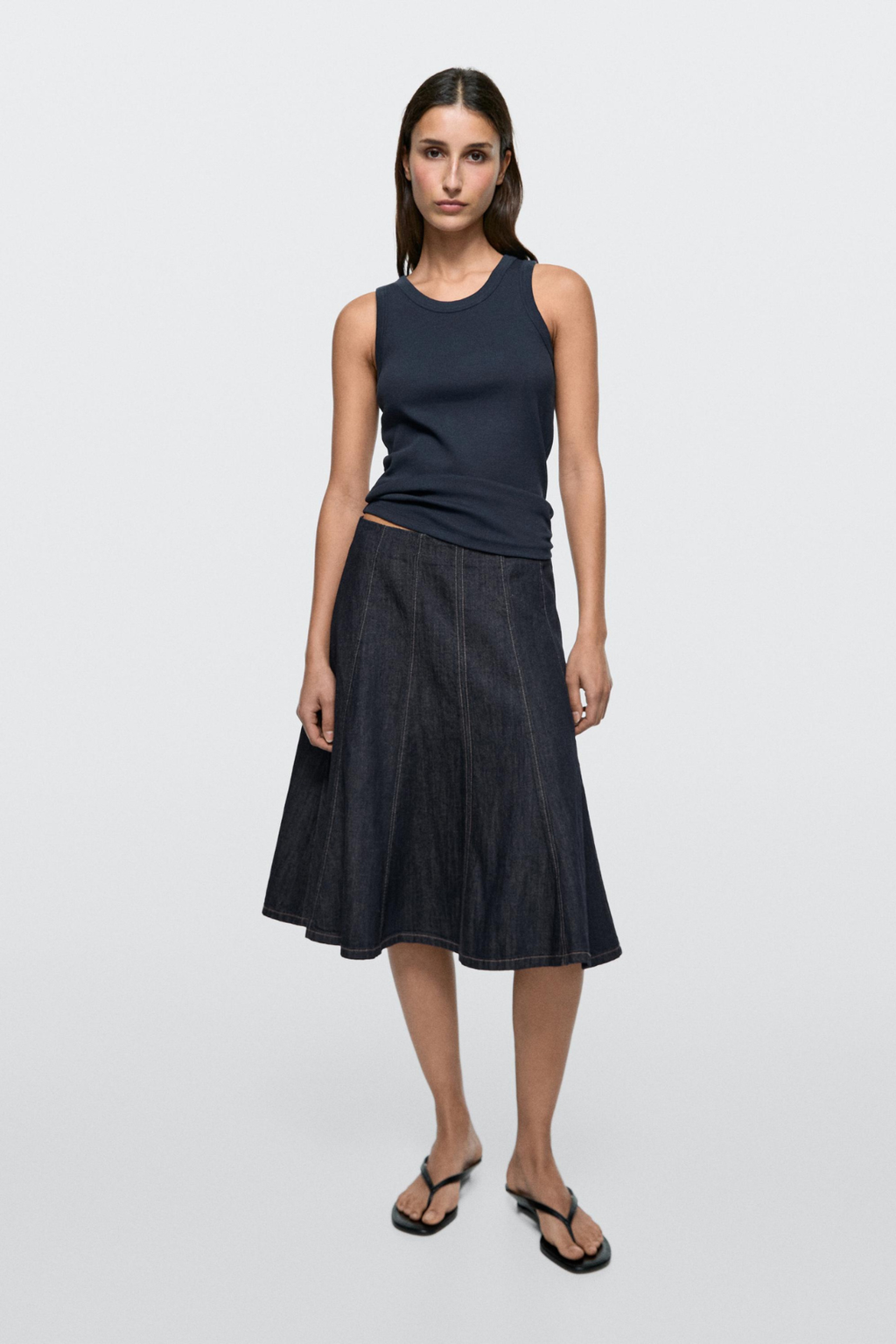DENIM GODET MIDI SKIRT