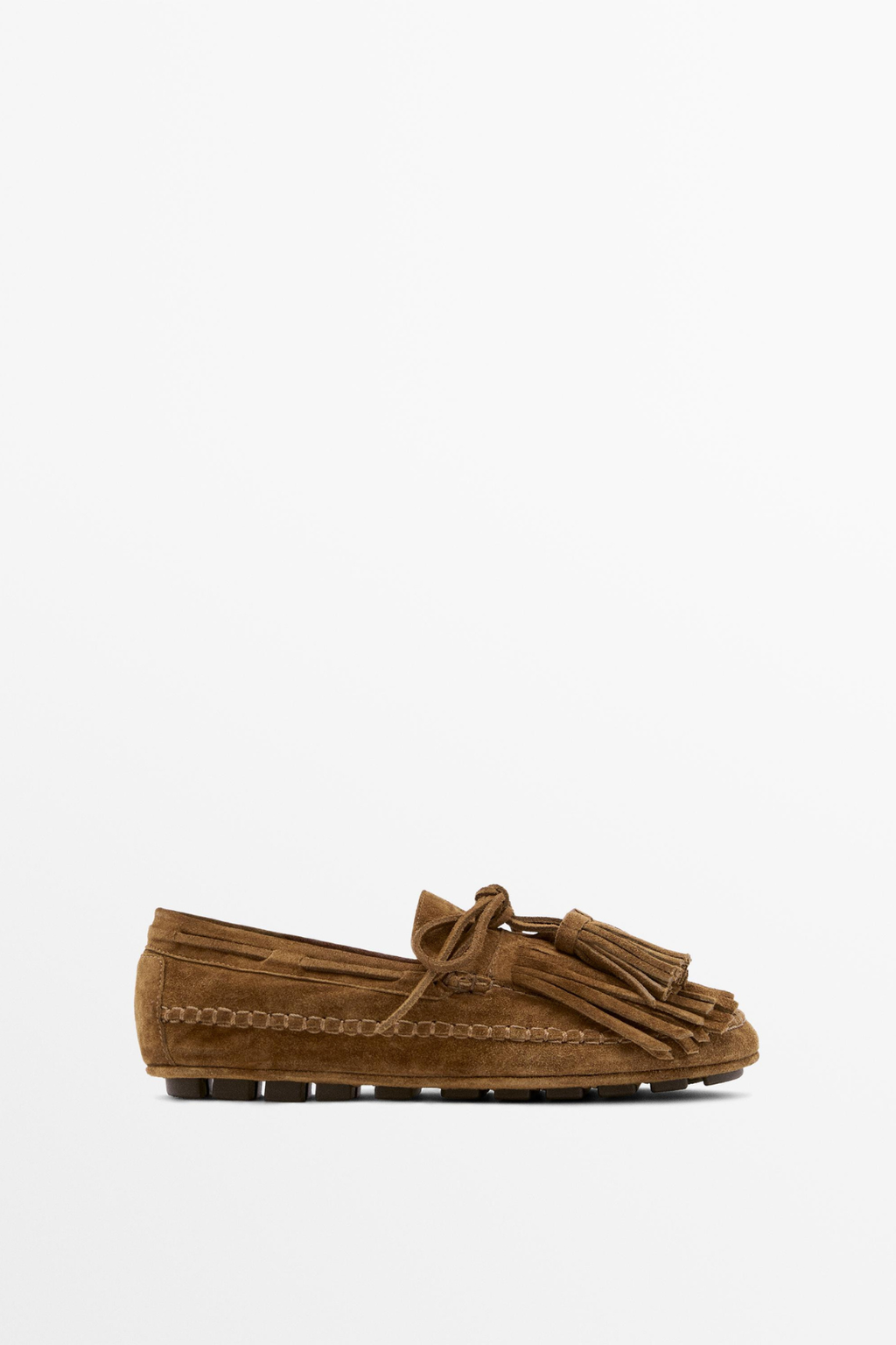 MOCASSIN À FRANGES ET POMPONS EN CROÛTE DE CUIR