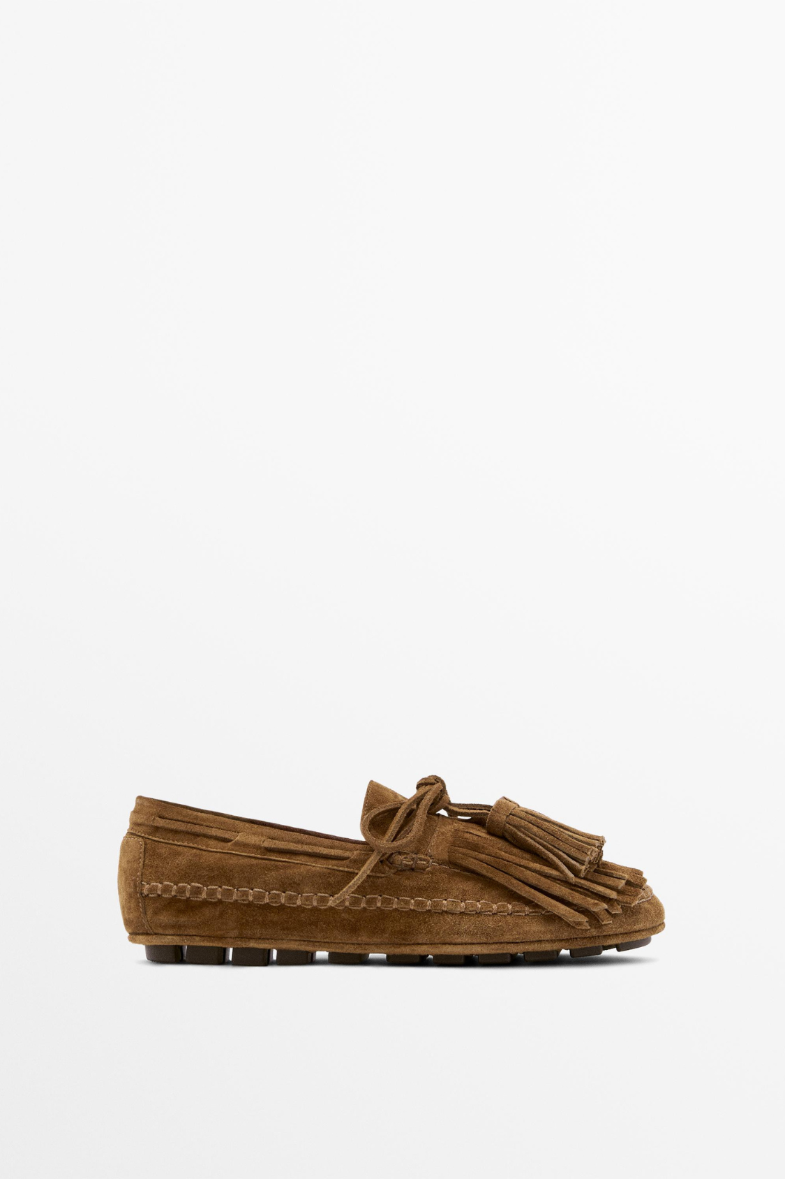 MOCASSIN À FRANGES ET POMPONS EN CROÛTE DE CUIR