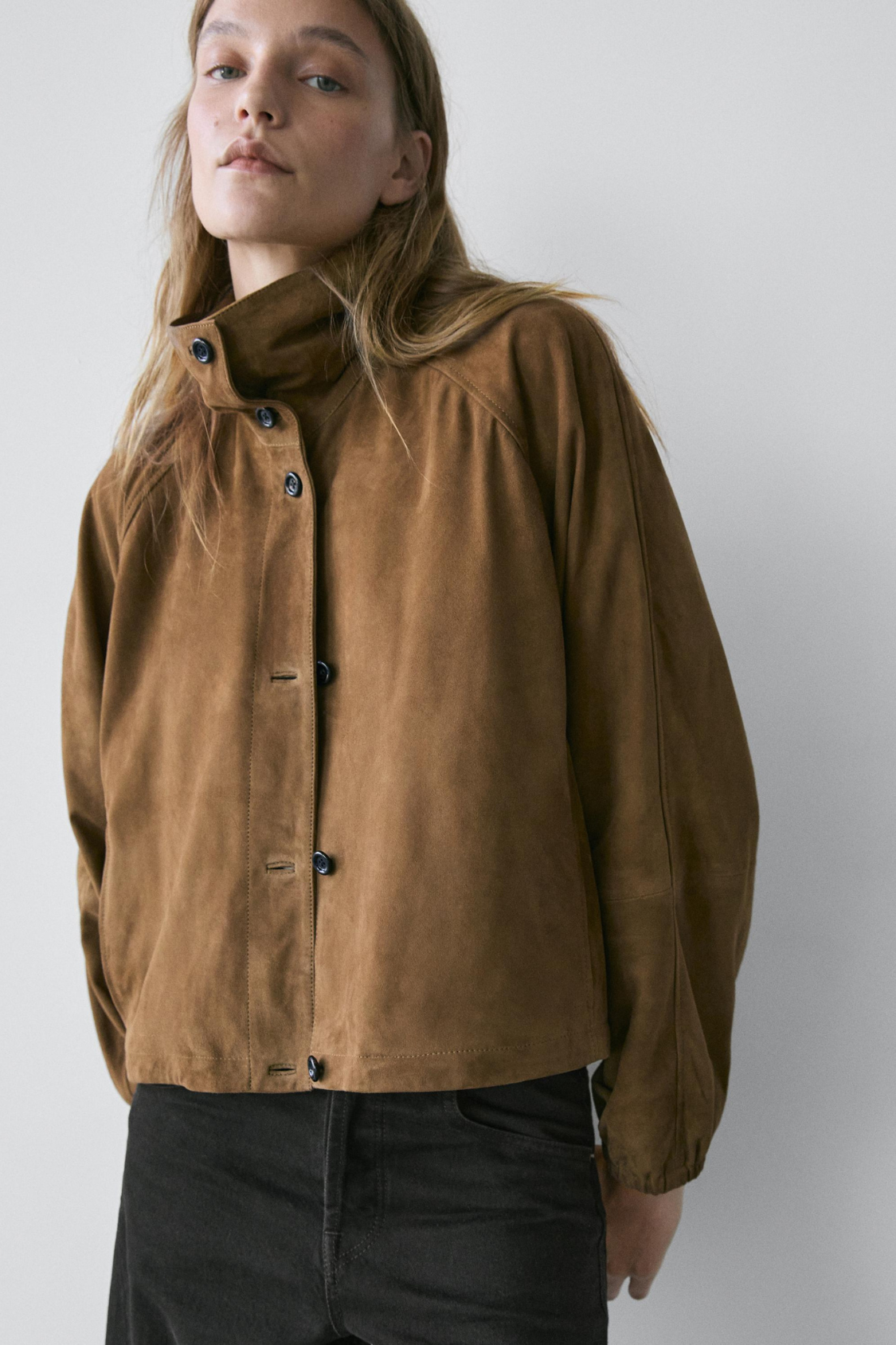VESTE BOMBER COURTE EN CUIR EFFET DAIM