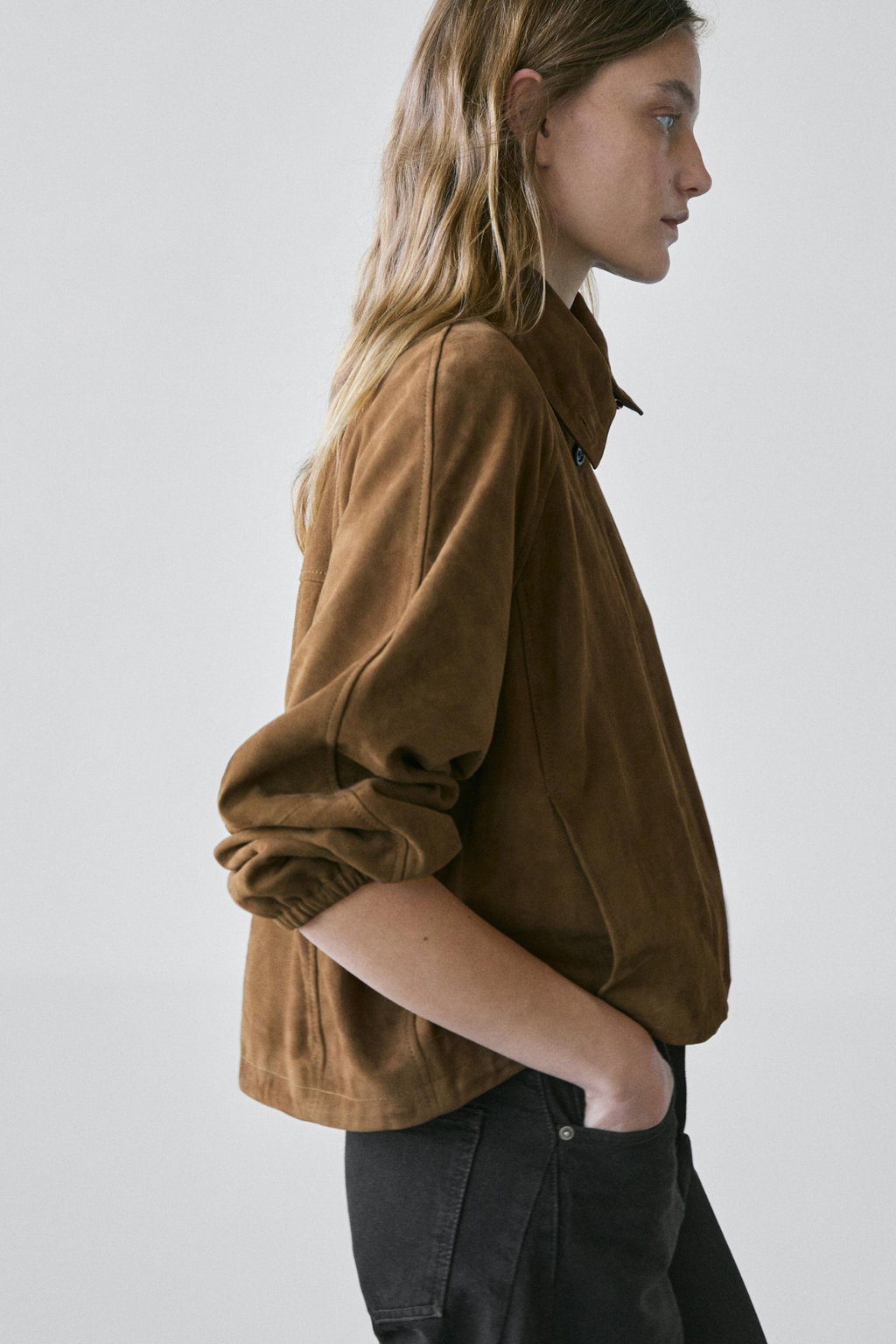 VESTE BOMBER COURTE EN CUIR EFFET DAIM