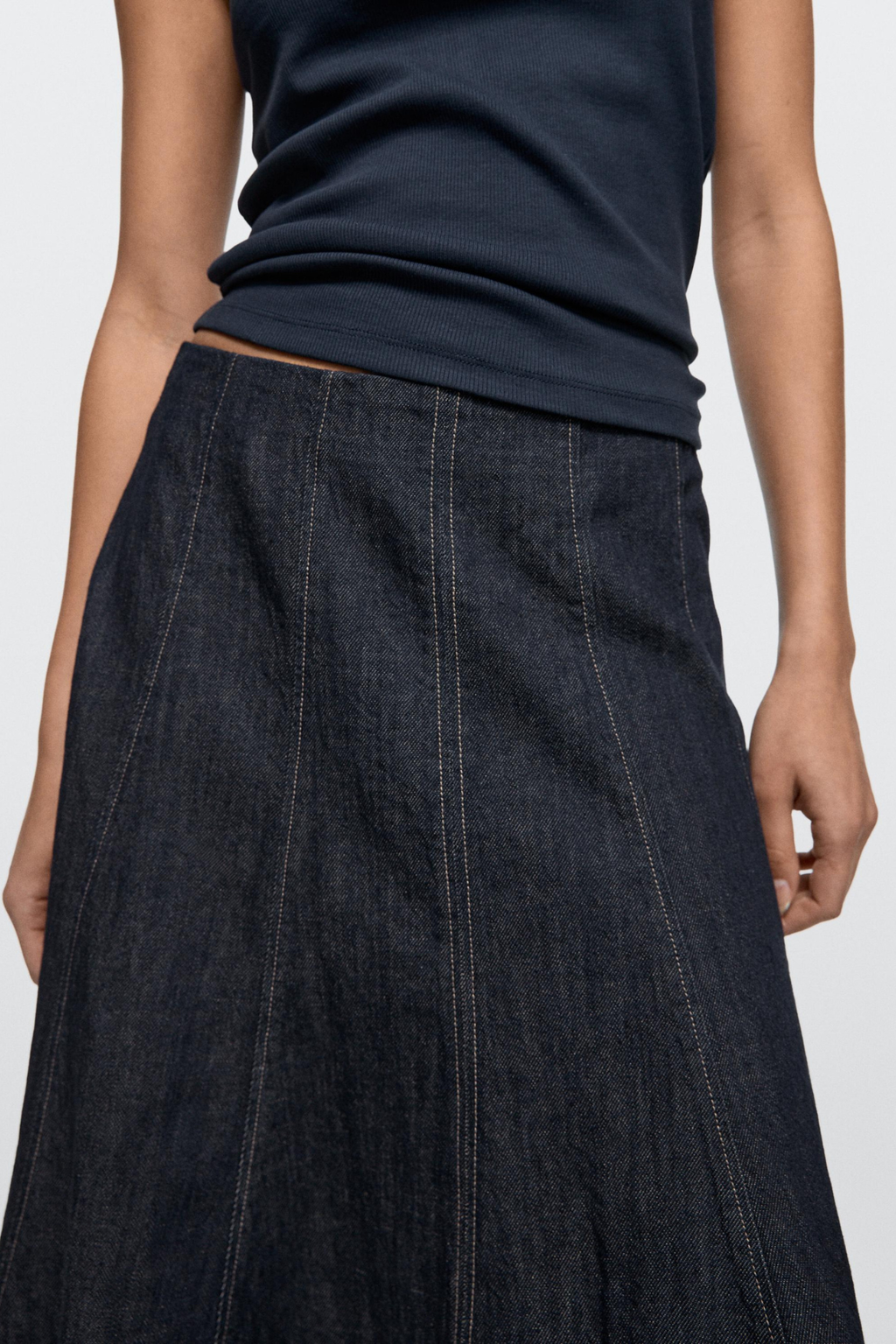 DENIM GODET MIDI SKIRT