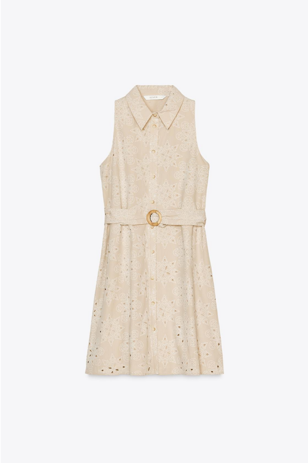 ÄRMELLOSES KLEID MIT STICKEREIDETAILS UND GÜRTEL